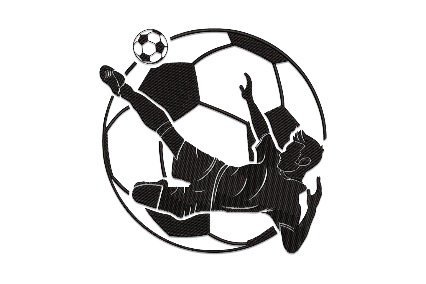 Soccer bicycle kick embroidery design, black silhouette player mid-air inside circle frame, Wilcom directional satin fill