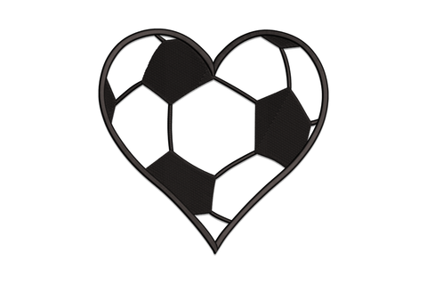 Soccer ball heart embroidery design, classic pentagon panel pattern shaped into a love heart silhouette in black thread