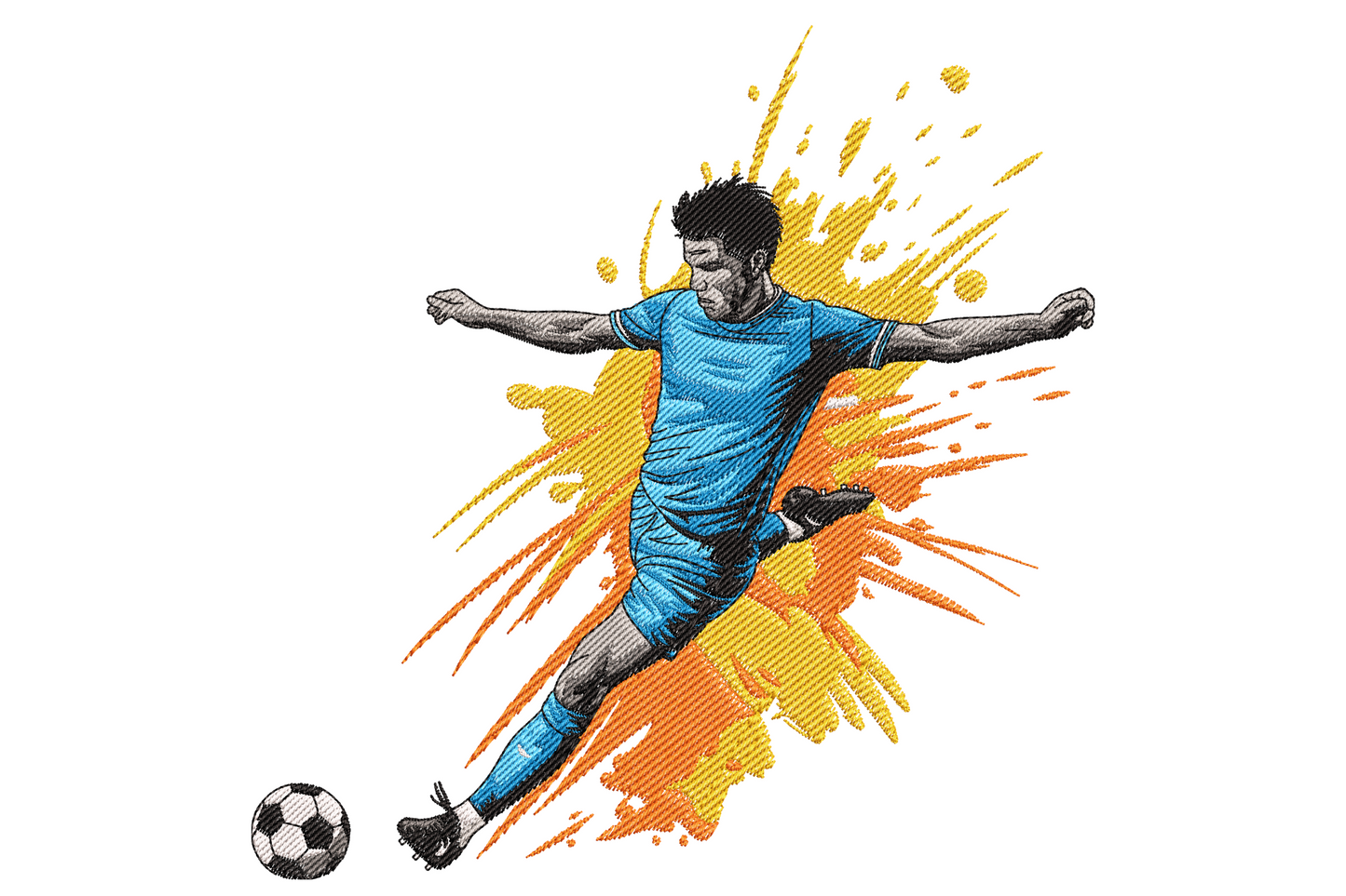 Embroidery design of soccer player kicking a black and white football, vibrant orange and yellow paint splash backdrop