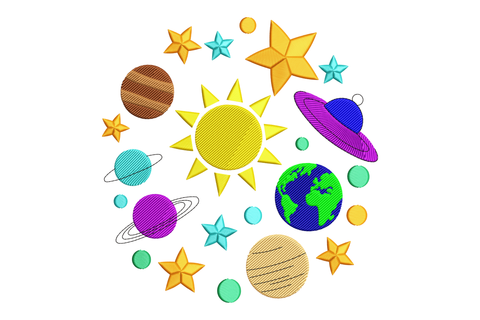 Colorful illustration of solar system elements including planets and stars embroidery design