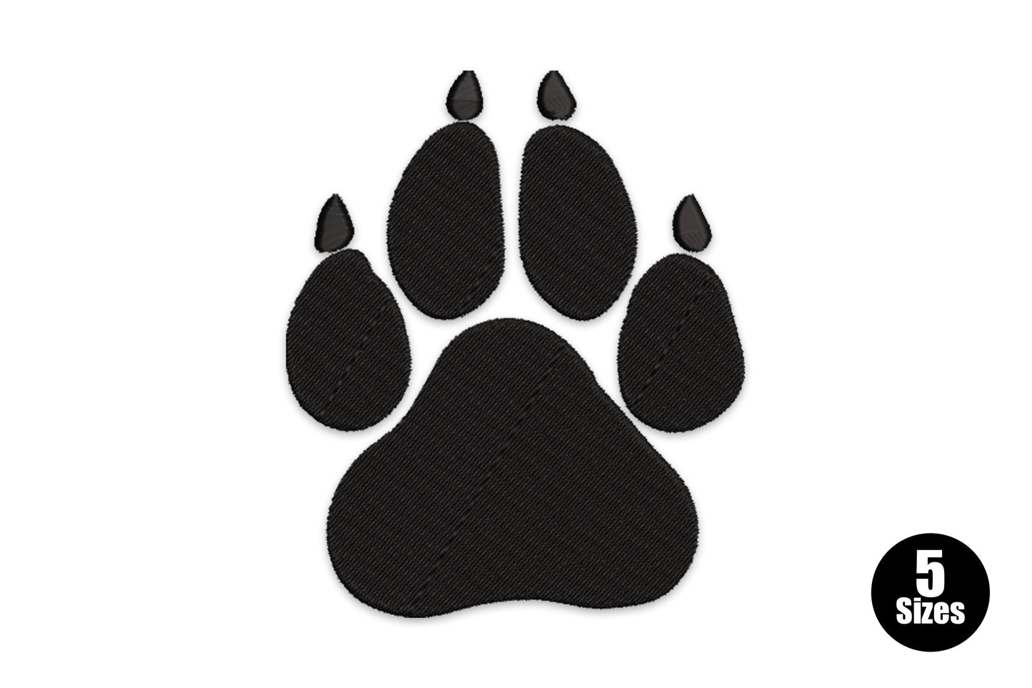 Solid paw print embroidery design, large main pad and four toe pads in dense black fill, no outline or decorative marks.
