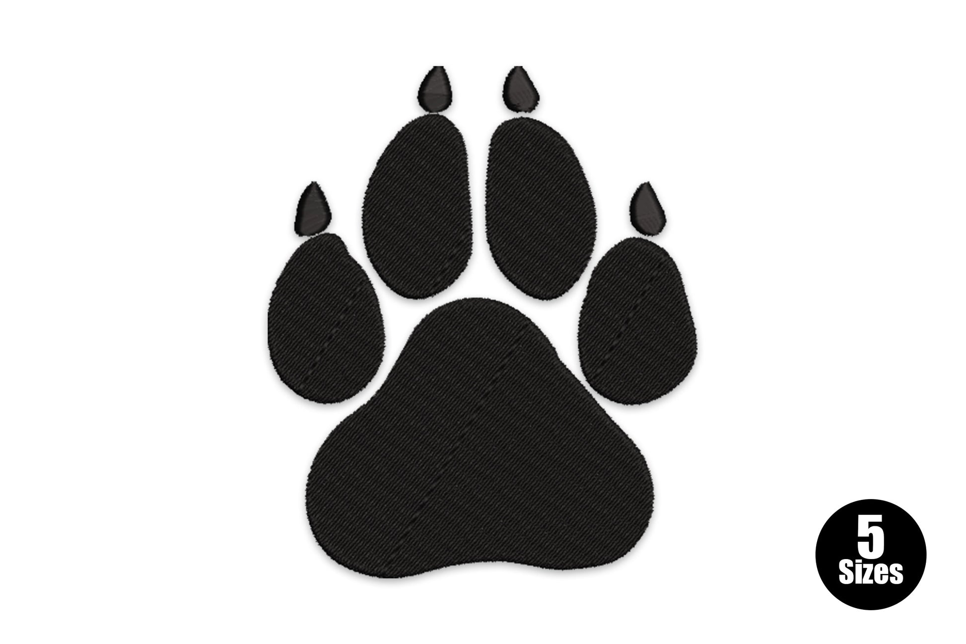 Solid paw print embroidery design, large main pad and four toe pads in dense black fill, no outline or decorative marks.