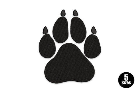 Solid paw print embroidery design, large main pad and four toe pads in dense black fill, no outline or decorative marks.