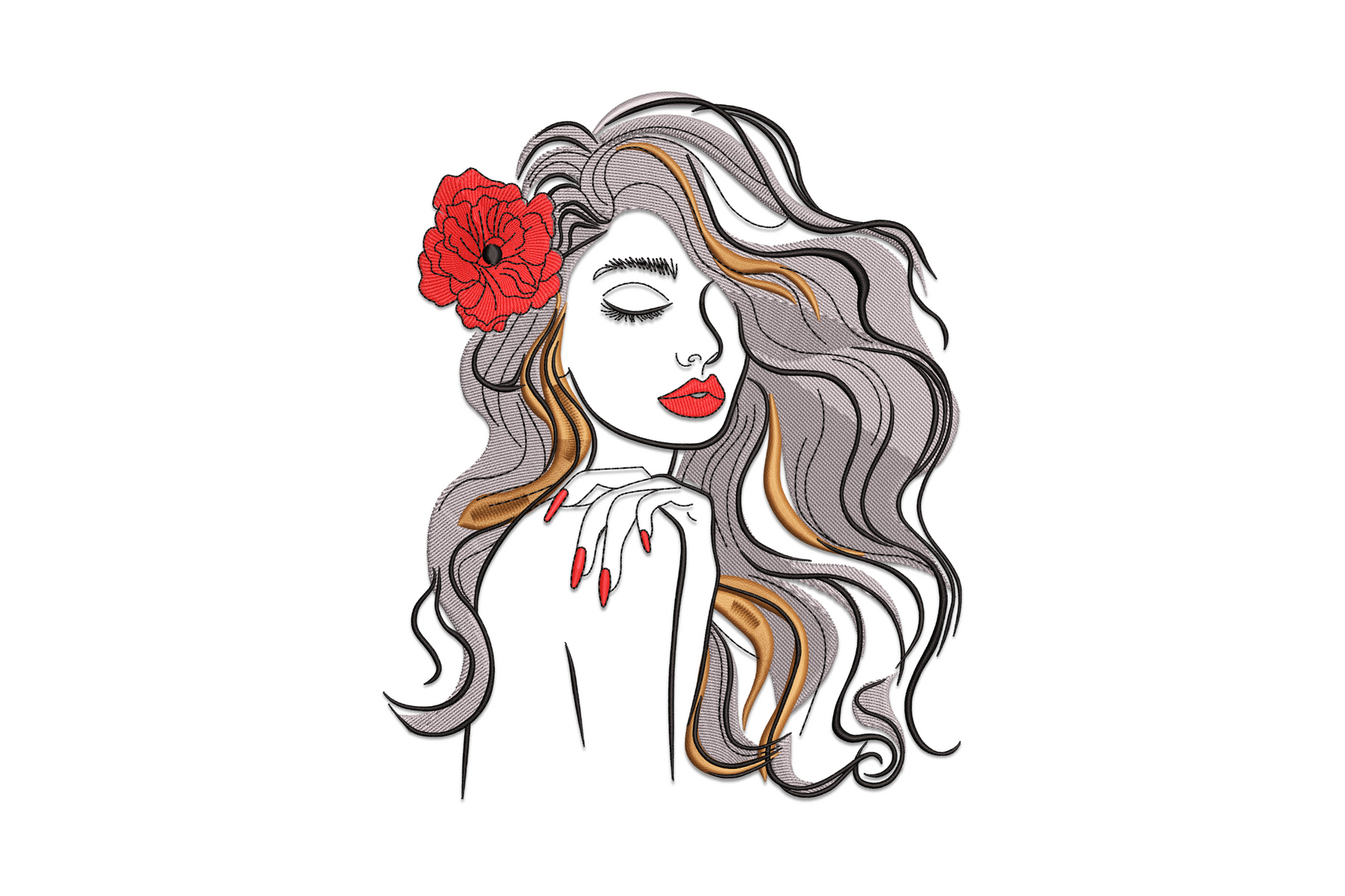 Sophisticated woman face embroidery, flowing grey wavy hair with brown highlights, red poppy above ear and crimson red lips.