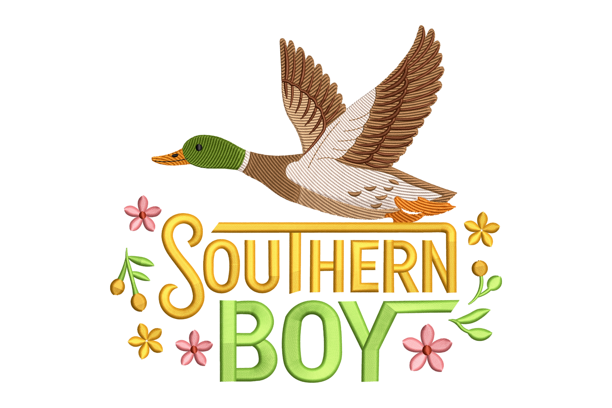 Embroidery design with a duck and 'Southern Boy' text on a white background
