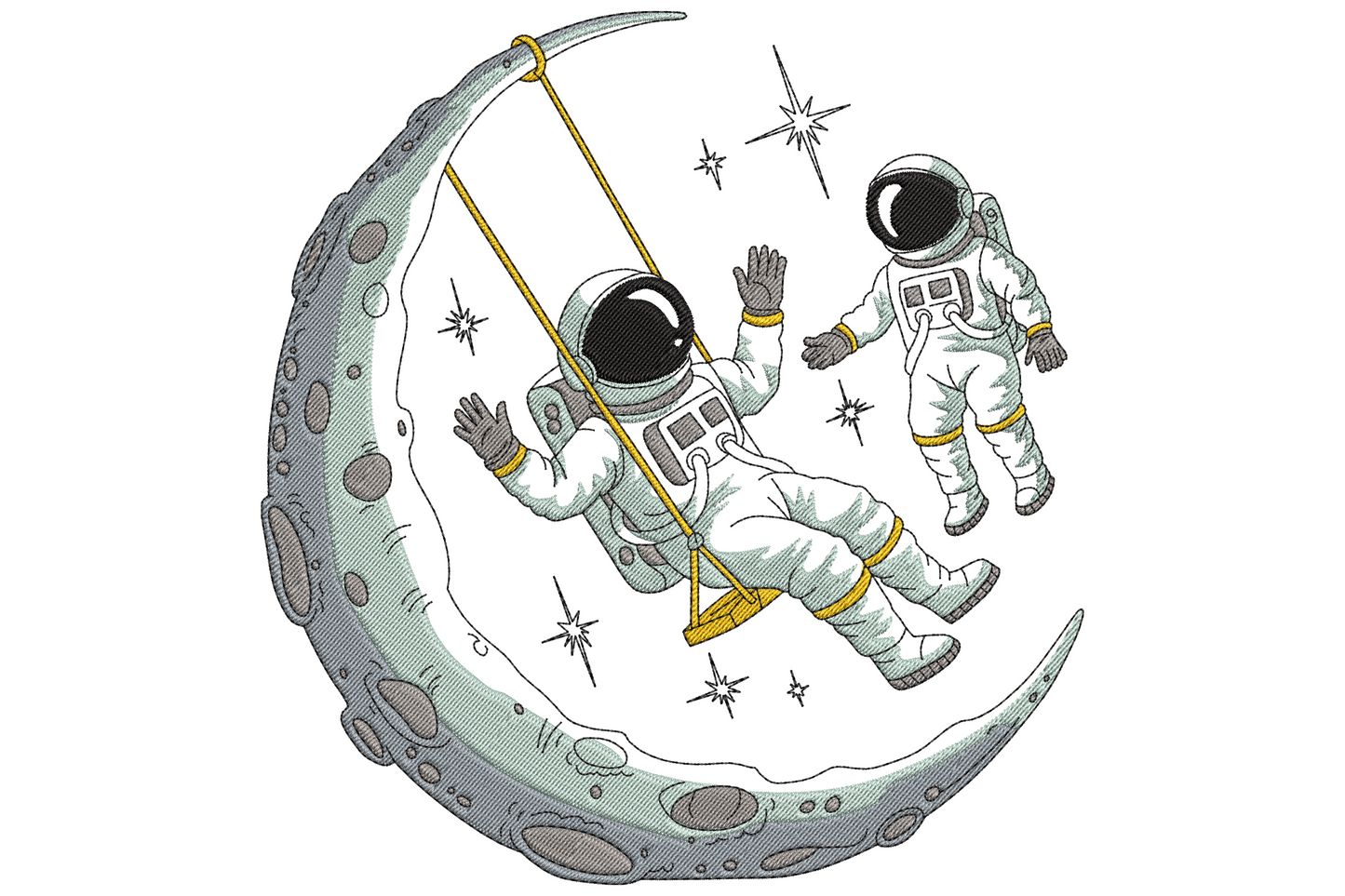 Two astronauts embroidery, one on a moon swing waving and one floating beside, on a grey crescent moon with stars around.
