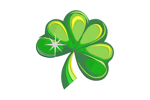 Sparkle shamrock embroidery design with kelly green satin leaves and scattered gold and white starburst sparkle points.