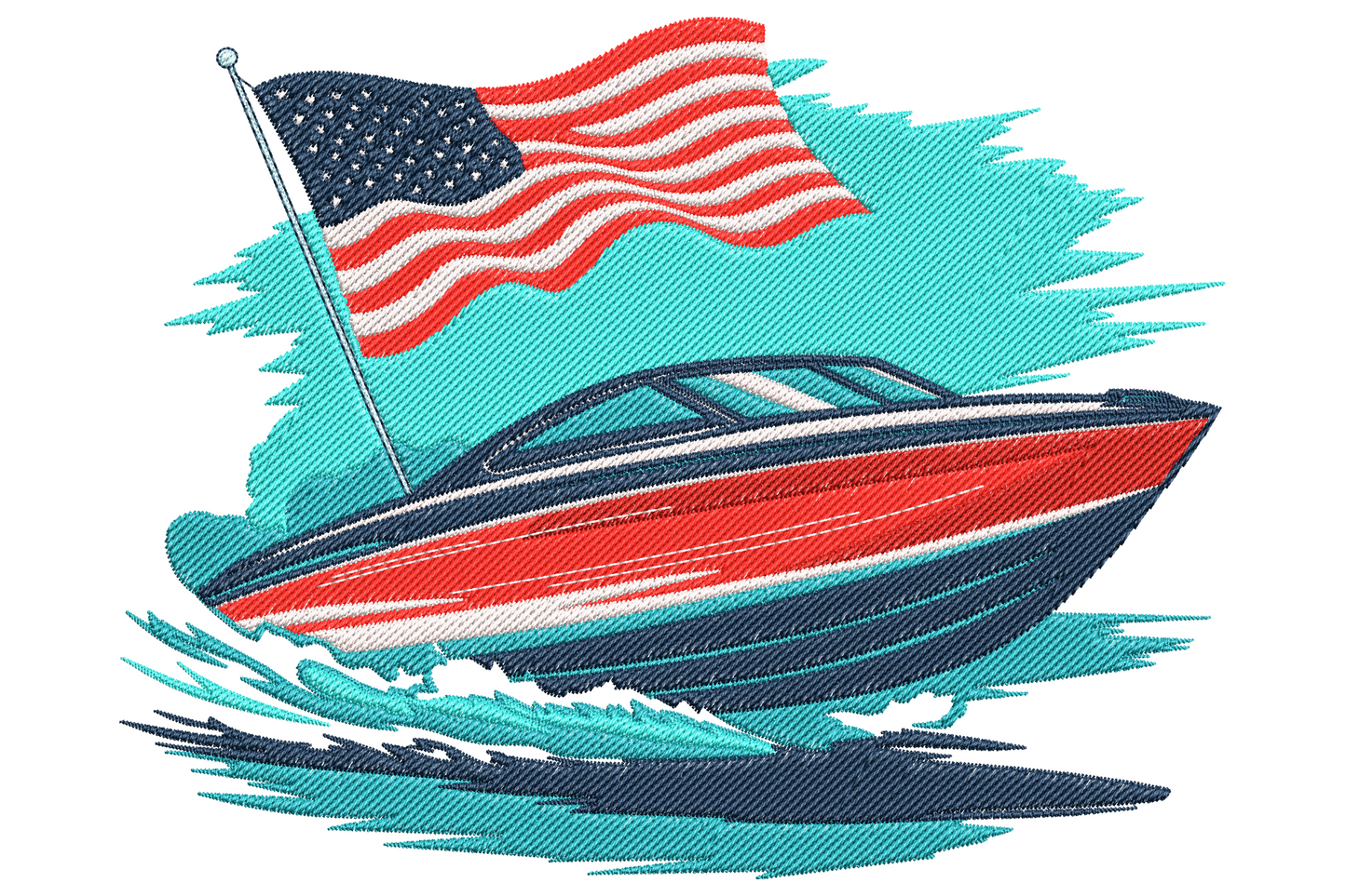 American flag speed boat embroidery with navy hull, red stripe, teal water spray, fluttering flag with crimson stripes.