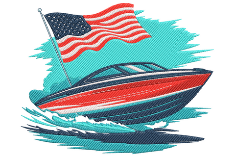 American flag speed boat embroidery with navy hull, red stripe, teal water spray, fluttering flag with crimson stripes.