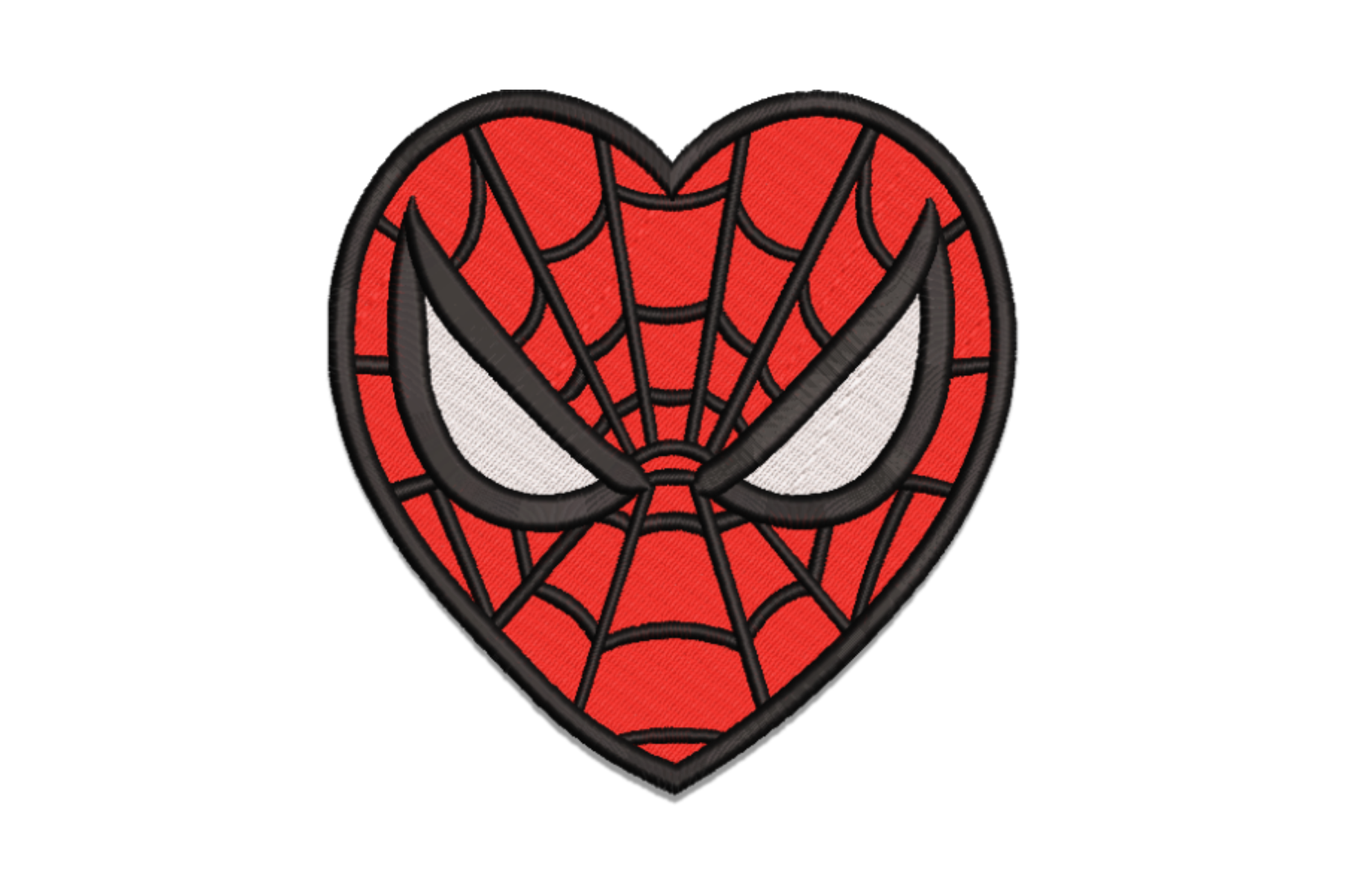 Spider-Man heart embroidery design, mask face shaped into love heart silhouette with web lines, 3 colours red white and black