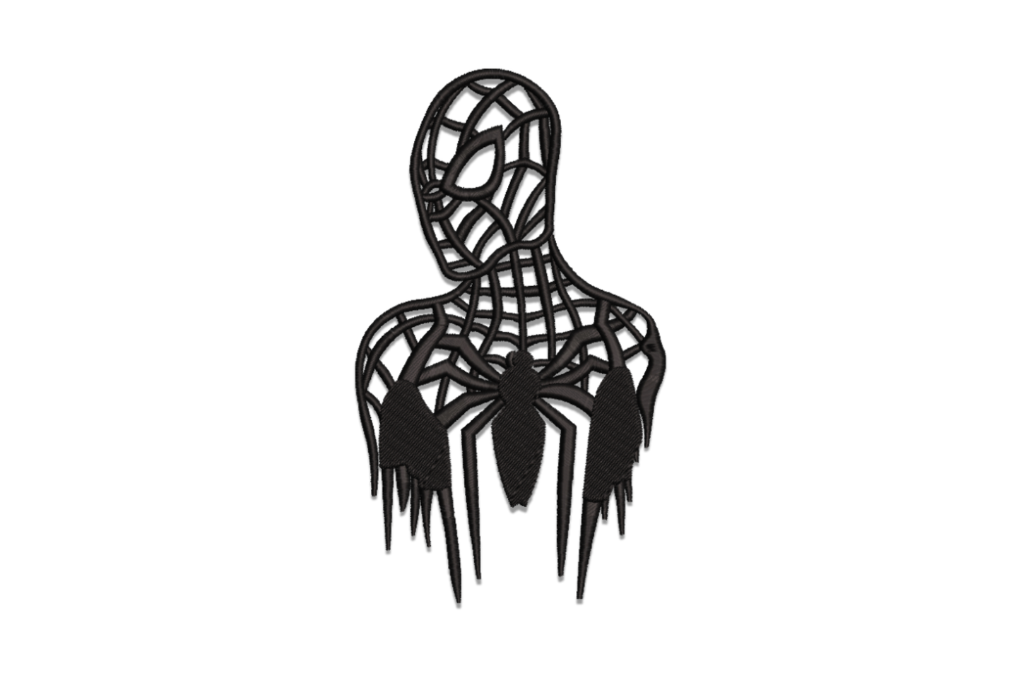 Spider-Man Venom style embroidery design, all black single colour with raised web line satin detail, mask and torso symbiote version