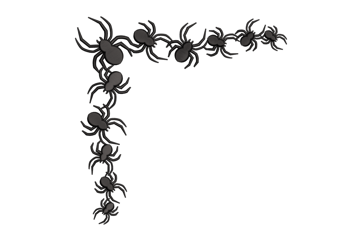 Halloween spider corner border embroidery design, L-shaped crawling spider arrangement, solid black 1 color, 5 sizes up to 7.5 inches