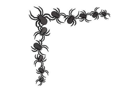 Halloween spider corner border embroidery design, L-shaped crawling spider arrangement, solid black 1 color, 5 sizes up to 7.5 inches