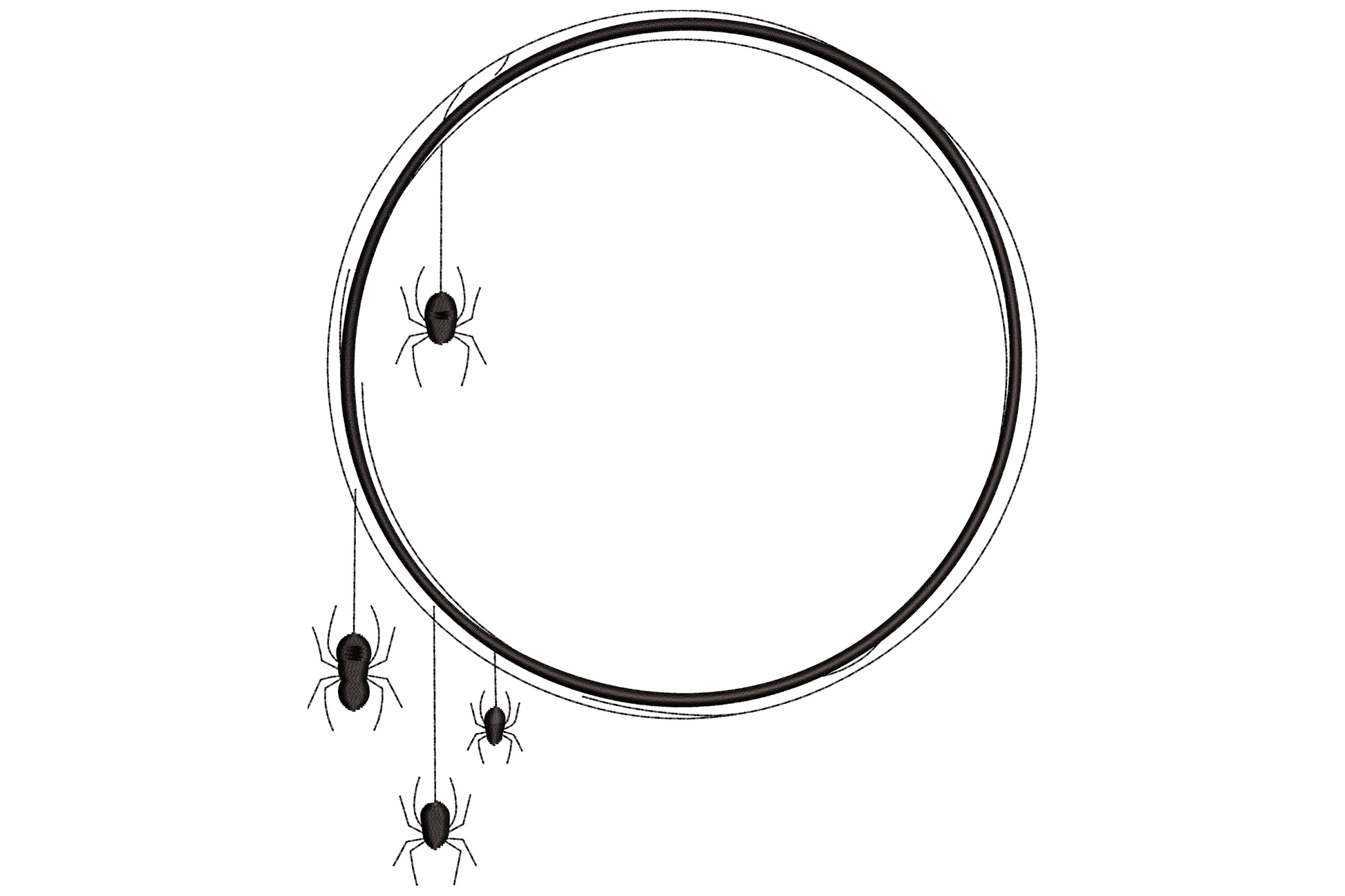 Halloween spider circle frame embroidery design with four spiders hanging on threads from a bold ring, 9 sizes, single black thread.