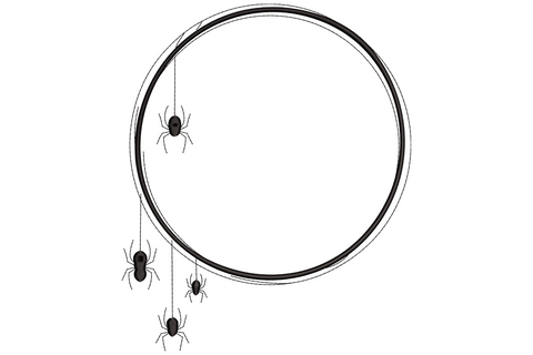 Halloween spider circle frame embroidery design with four spiders hanging on threads from a bold ring, 9 sizes, single black thread.