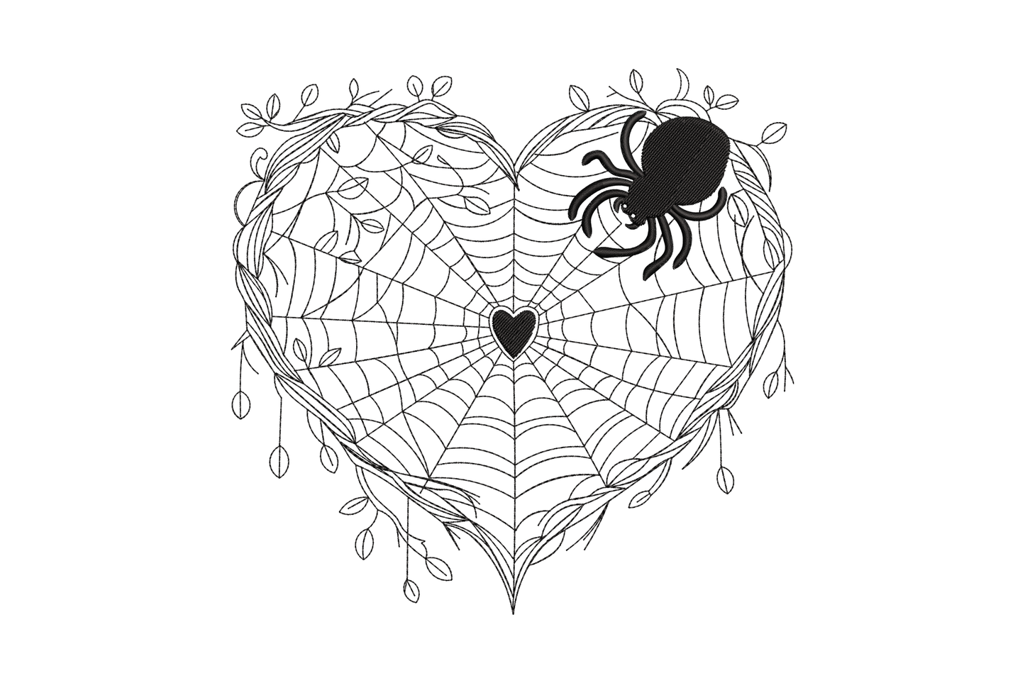 Spider heart web embroidery design with heart-shaped web, solid spider, botanical vine border and small centre heart in black.