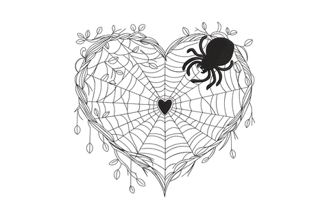 Spider heart web embroidery design with heart-shaped web, solid spider, botanical vine border and small centre heart in black.