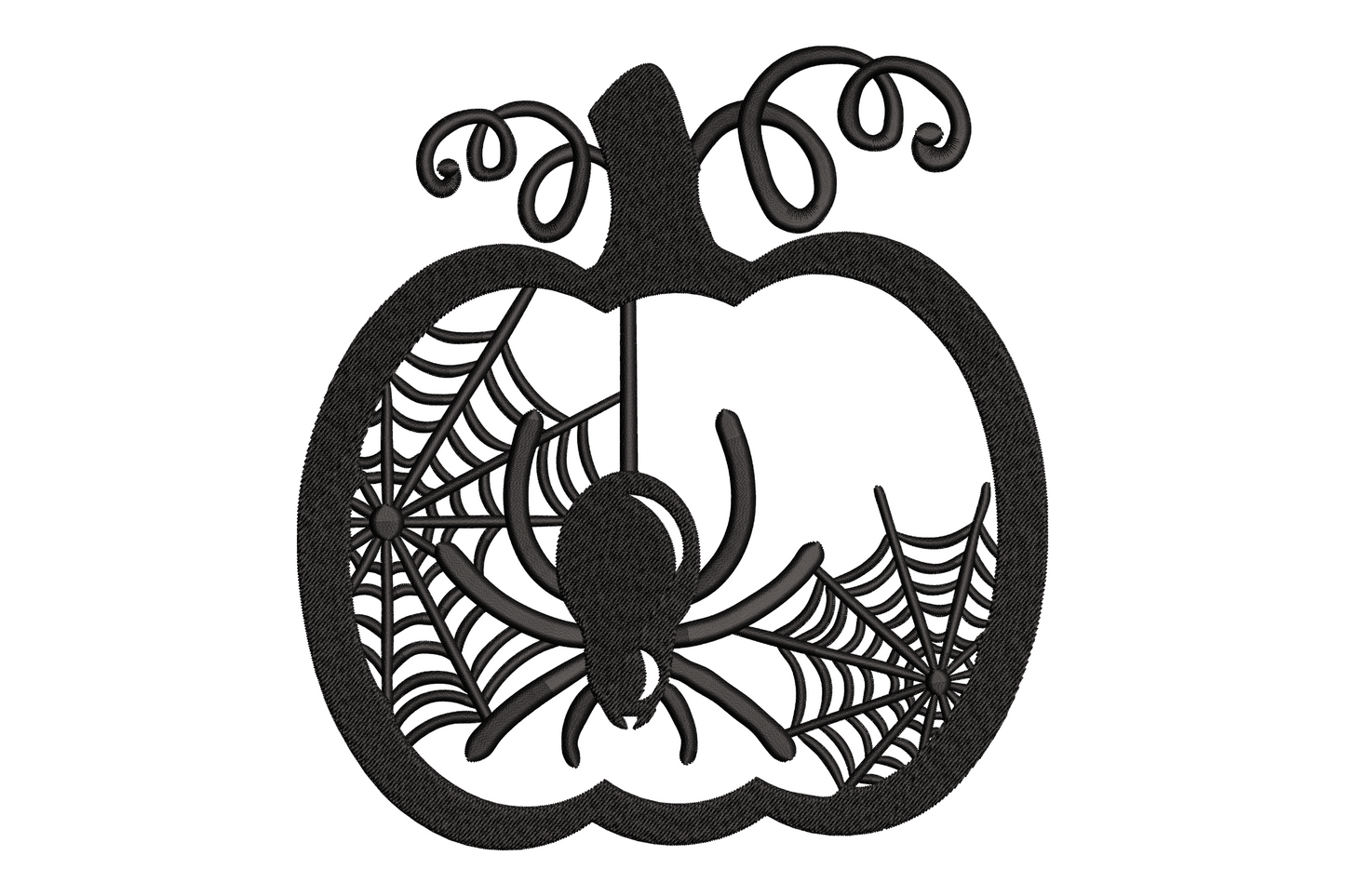 Halloween pumpkin silhouette embroidery with dense spider web interior and centred spider, thick satin outline with scroll stem, single black thread