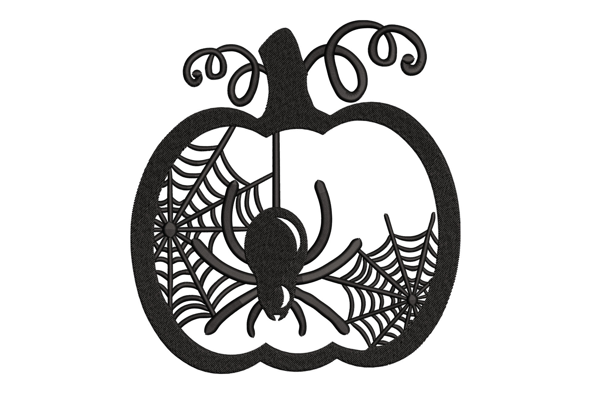 Halloween pumpkin silhouette embroidery with dense spider web interior and centred spider, thick satin outline with scroll stem, single black thread
