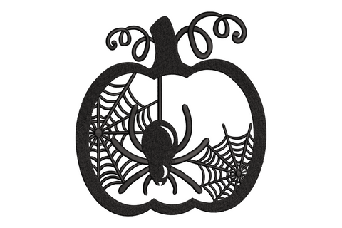 Halloween pumpkin silhouette embroidery with dense spider web interior and centred spider, thick satin outline with scroll stem, single black thread