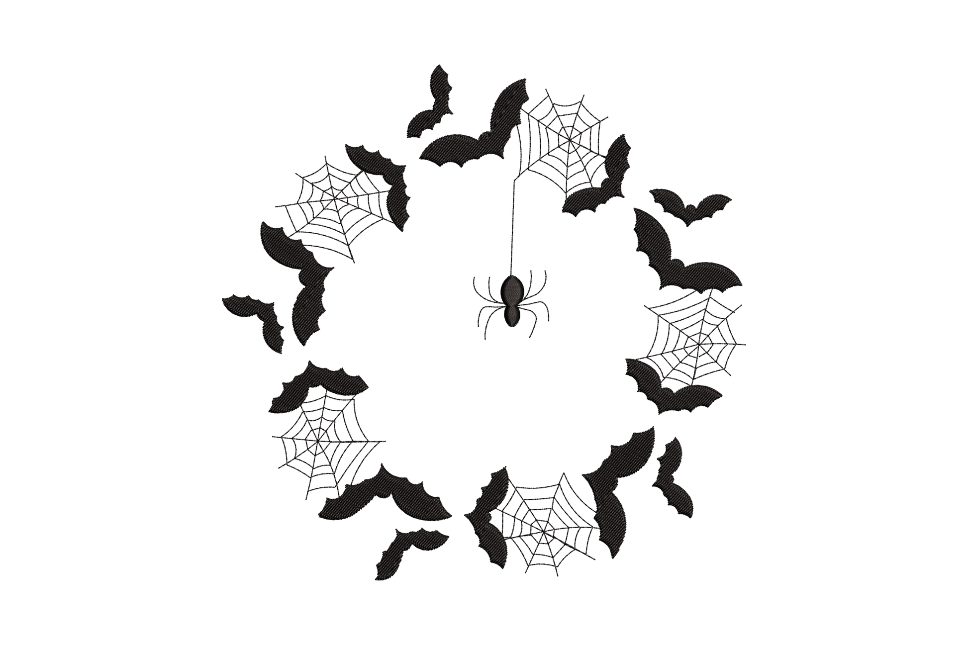 Embroidered halloween wreath of black flying bats and spider webs with a small spider hanging in the centre on a thread