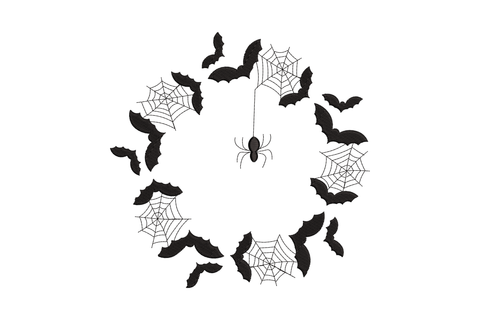 Embroidered halloween wreath of black flying bats and spider webs with a small spider hanging in the centre on a thread