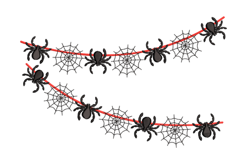 Spider web halloween border embroidery design with black spiders and open geometric webs connected along a red thread strand.