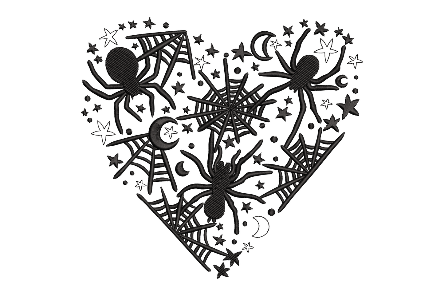 Heart filled with overlapping spider webs and three spiders at the corners, small stars and moons in the background, all black halloween embroidery design