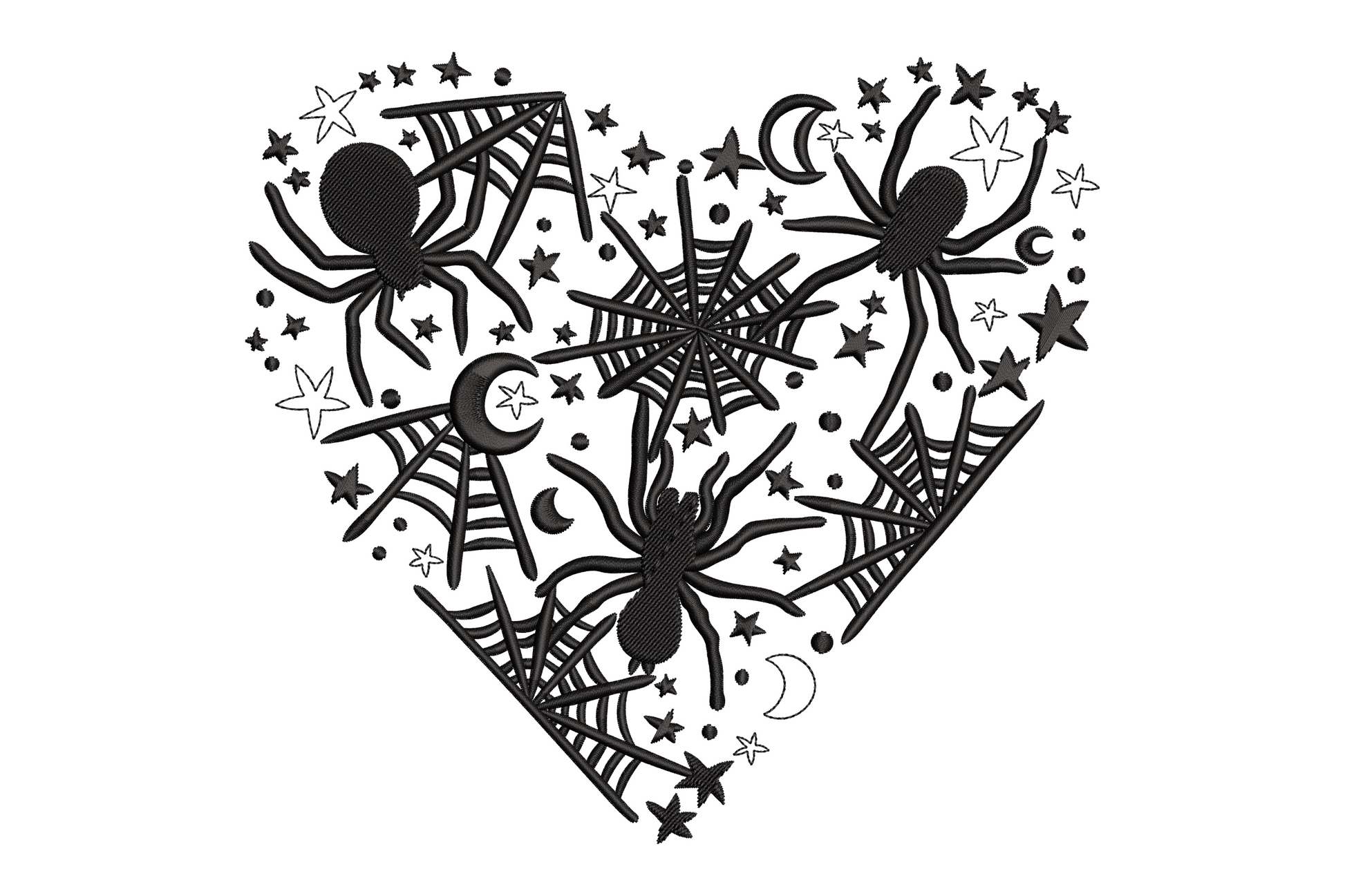 Heart filled with overlapping spider webs and three spiders at the corners, small stars and moons in the background, all black halloween embroidery design