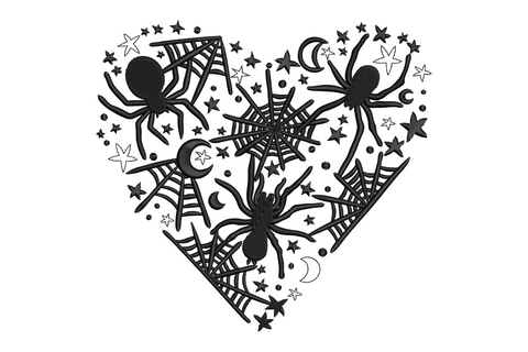 Heart filled with overlapping spider webs and three spiders at the corners, small stars and moons in the background, all black halloween embroidery design