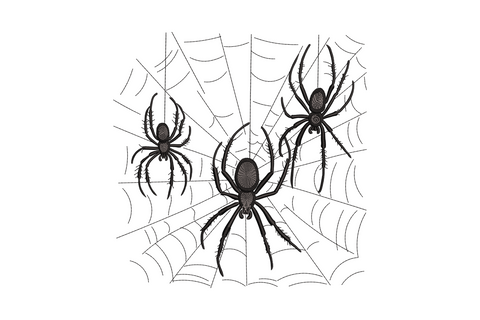 Spider web embroidery design with three detailed black hairy spiders on a radiating orb web, large spider centred at the base.
