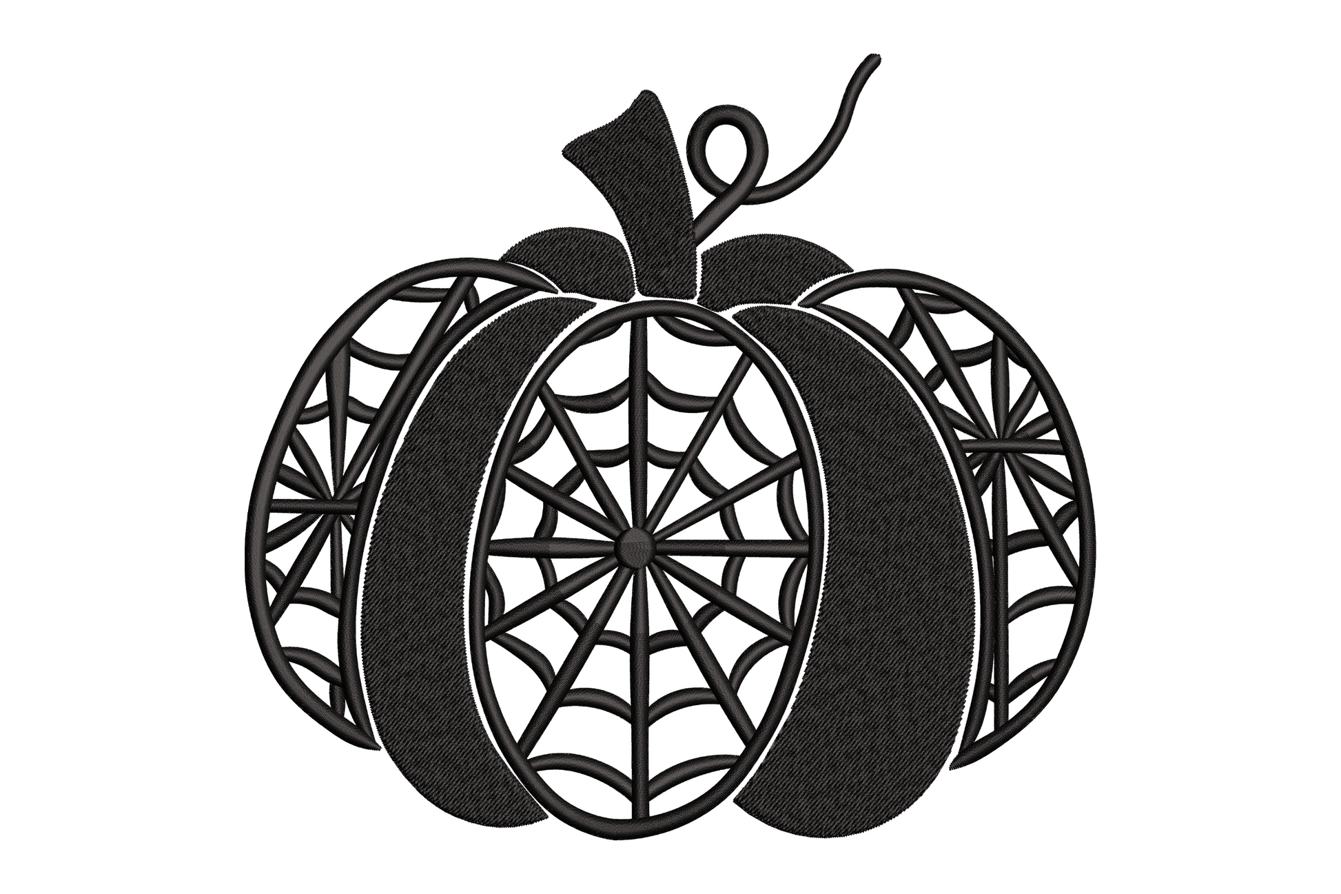 Halloween pumpkin silhouette embroidery with geometric spider web filling each lobe, thick satin outline with open web linework, single black thread