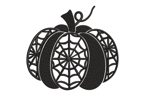 Halloween pumpkin silhouette embroidery with geometric spider web filling each lobe, thick satin outline with open web linework, single black thread