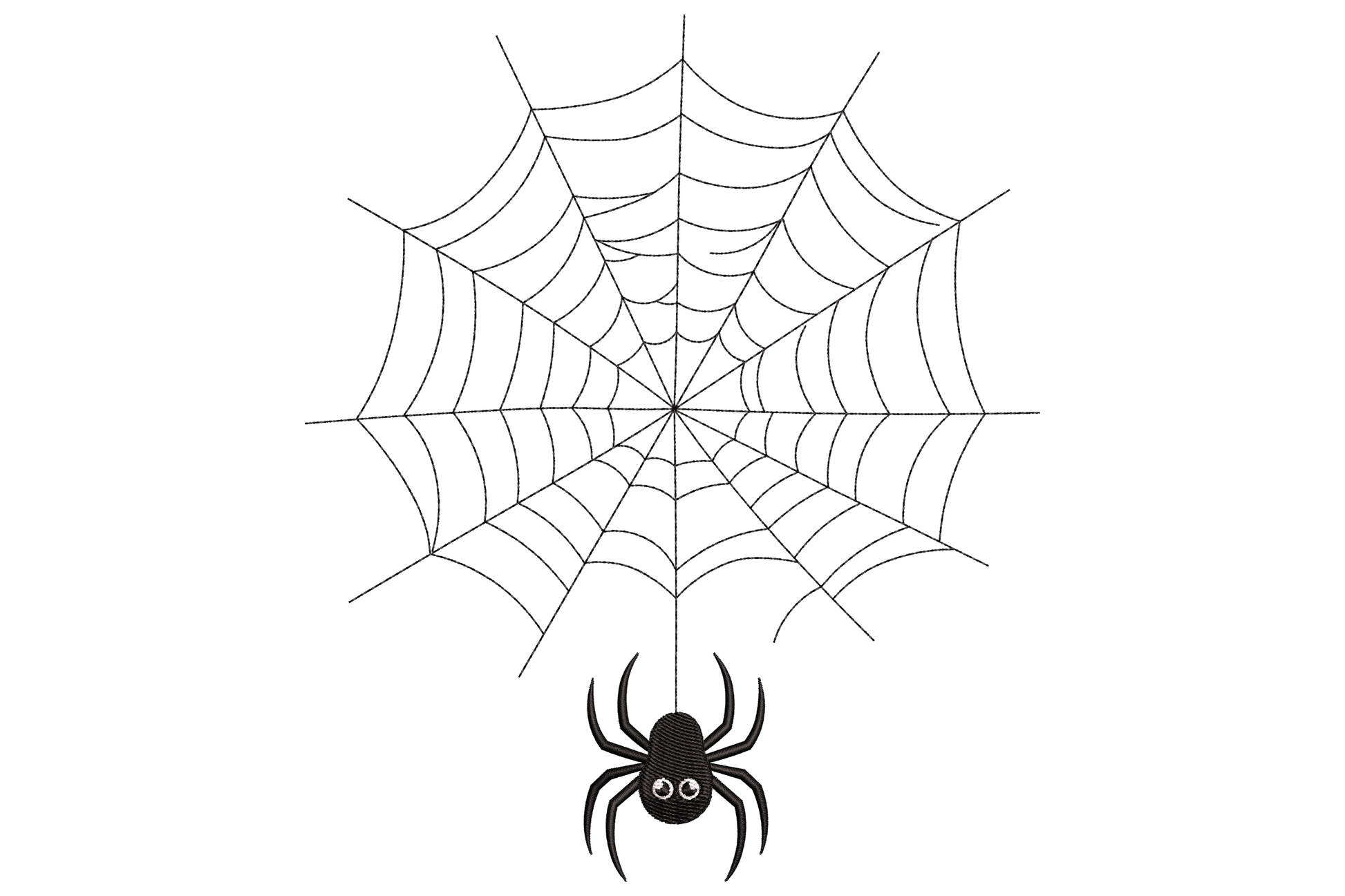 Spider web embroidery design with small black spider, open geometric radial web pattern in two thread colours, minimal density, 2.97 by 3.5 inches on light background.