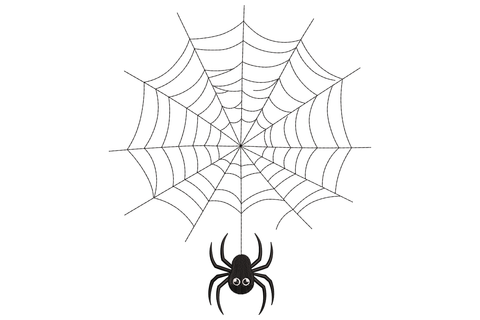 Spider web embroidery design with small black spider, open geometric radial web pattern in two thread colours, minimal density, 2.97 by 3.5 inches on light background.
