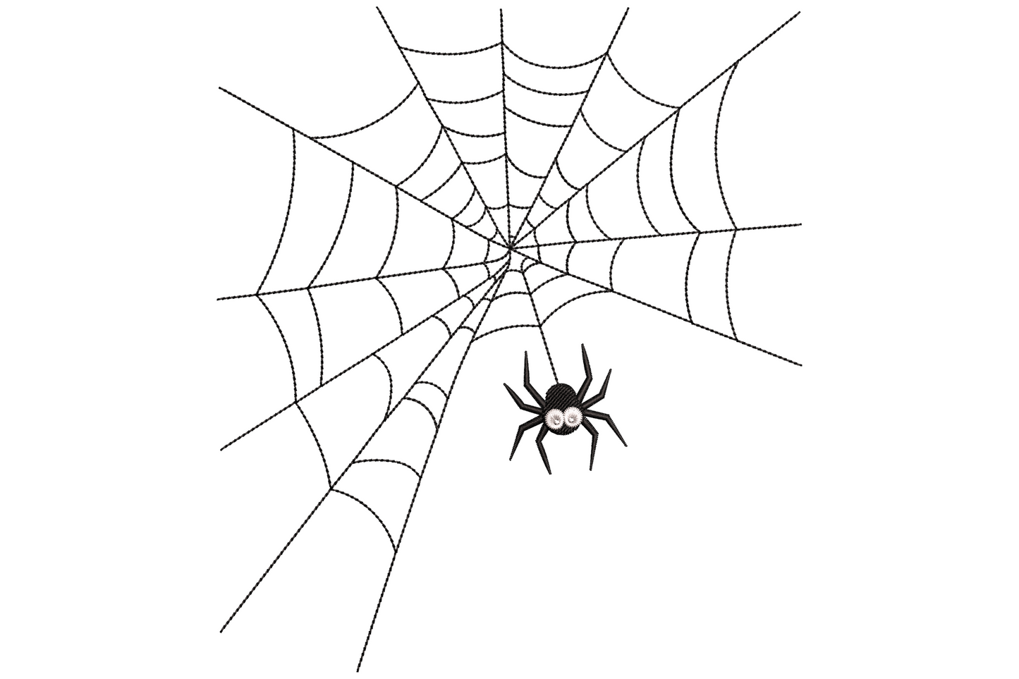 Halloween spider and web embroidery design with classic round black web, radial spokes, and a small spider dangling below.