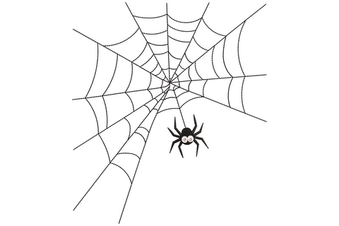 Halloween spider and web embroidery design with classic round black web, radial spokes, and a small spider dangling below.