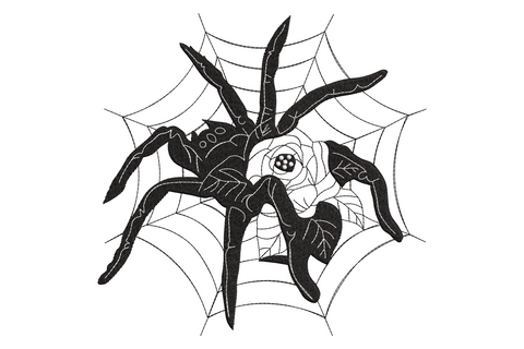 Halloween spider web with rose embroidery design, black and white 2 colors, spider at top with open rose at center, 5 sizes