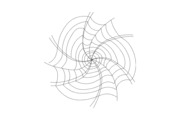 Spiral spider web line art embroidery with continuous outward spiral threads, organic garden web shape, single colour Halloween design