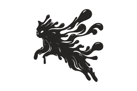 Splash cat silhouette embroidery design, bold black cat mid-pounce with water spray rays bursting outward on white fabric.