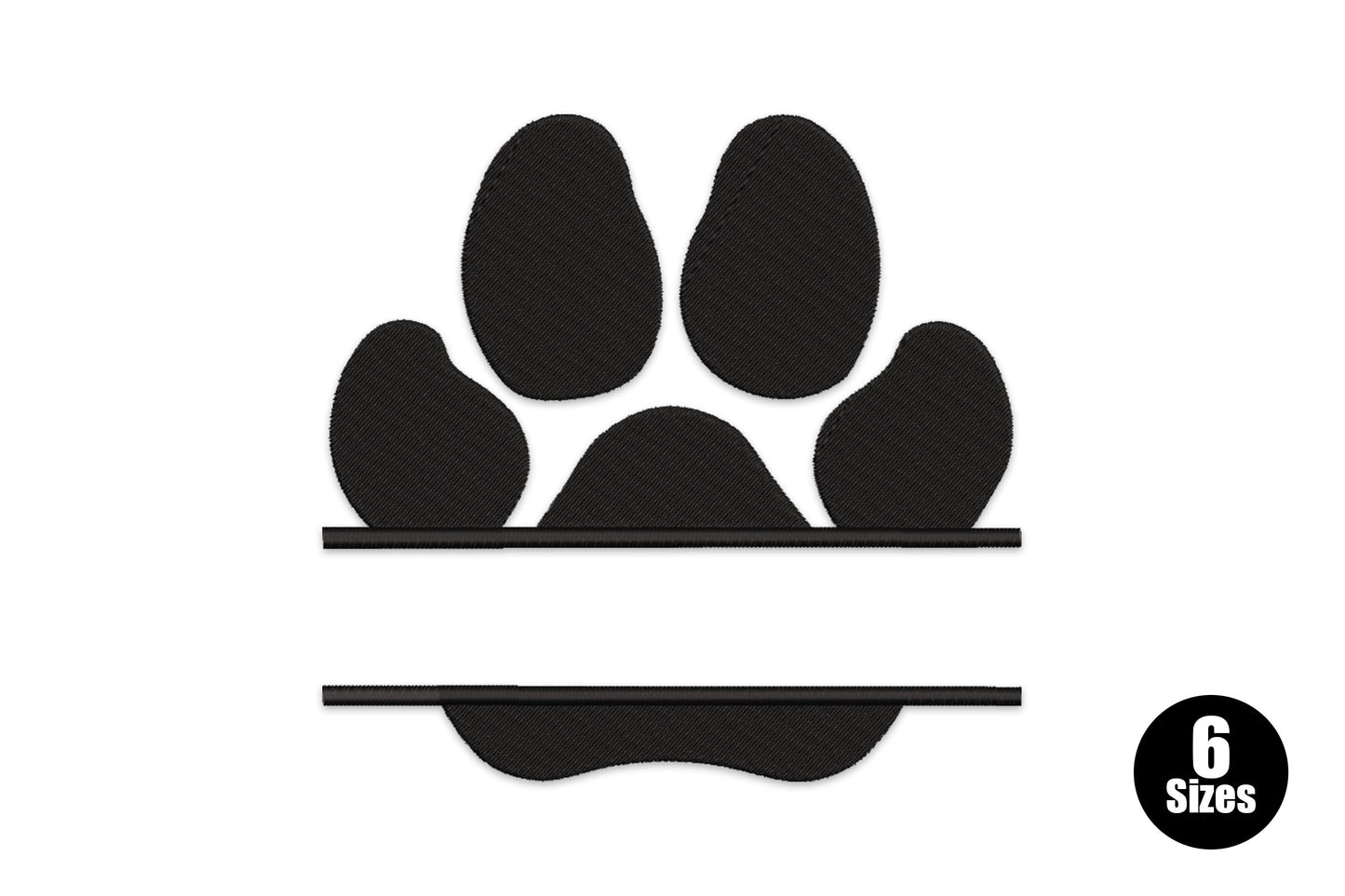 Split paw print embroidery design with solid filled paw pads and two horizontal lines cutting through the heel pad creating a gap for a name or monogram, single black thread.