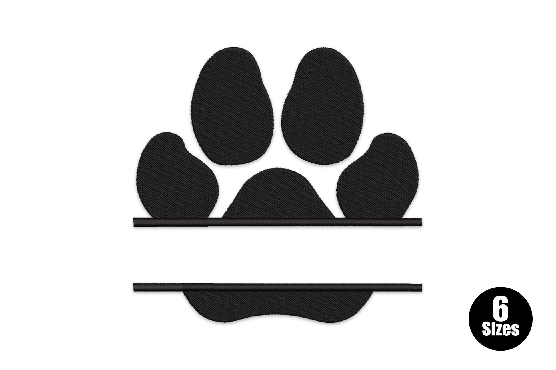 Split paw print embroidery design with solid filled paw pads and two horizontal lines cutting through the heel pad creating a gap for a name or monogram, single black thread.