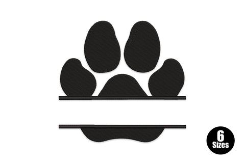 Split paw print embroidery design with solid filled paw pads and two horizontal lines cutting through the heel pad creating a gap for a name or monogram, single black thread.