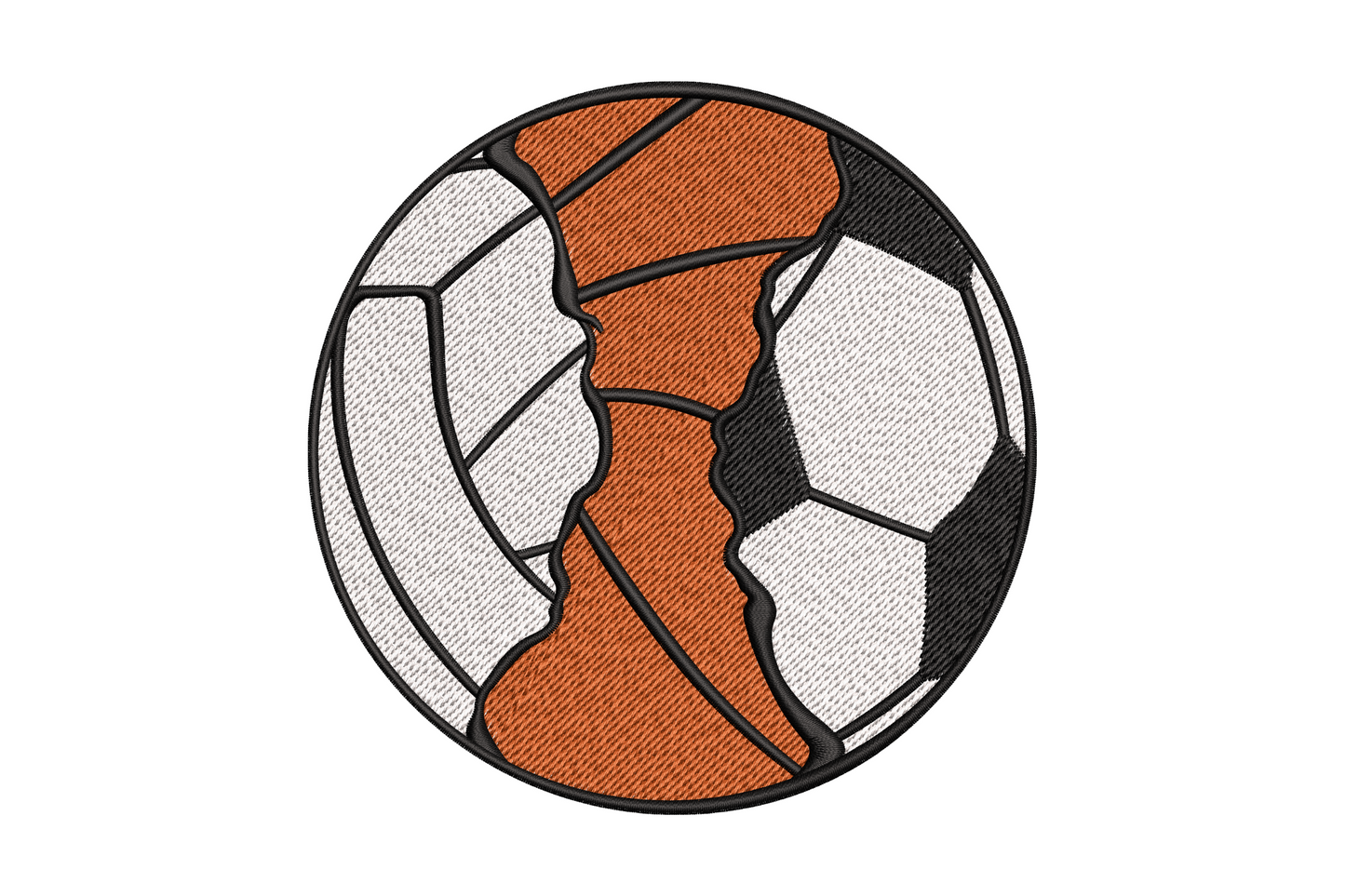 Split soccer baseball embroidery design with white soccer panel half and rust-orange baseball seam half divided by a bold black centre line.