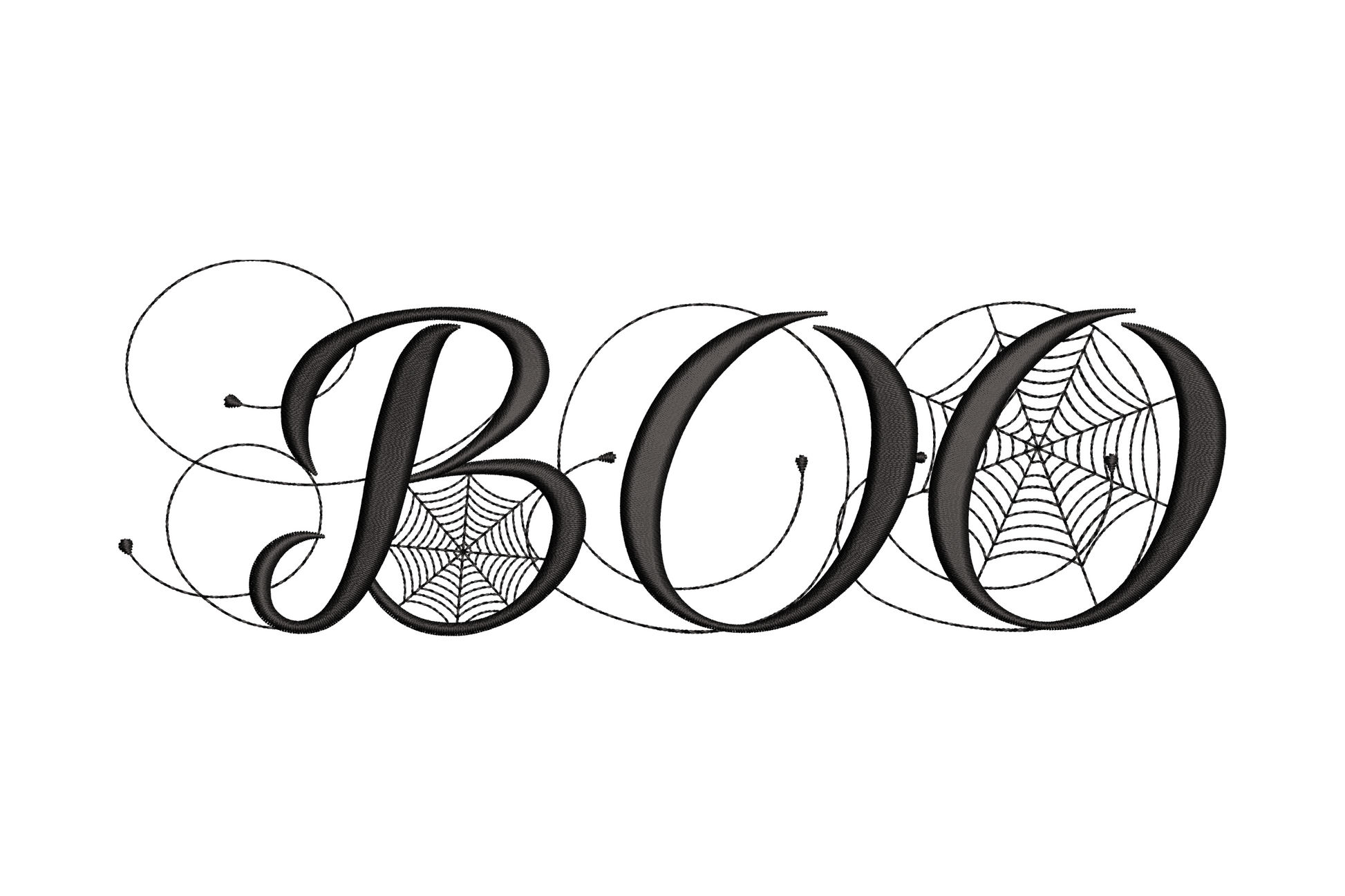 Halloween BOO embroidery design in gothic blackletter with spider web fills inside each O letter