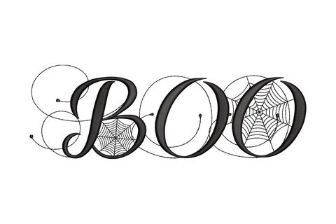 Halloween BOO embroidery design in gothic blackletter with spider web fills inside each O letter