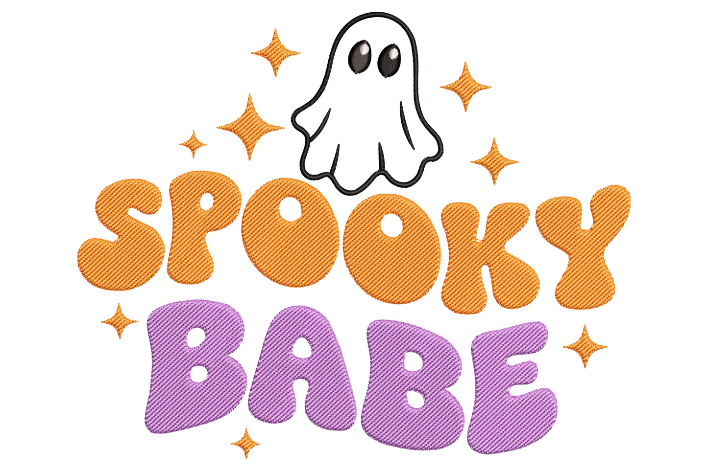 Spooky babe halloween embroidery design, bold vertical slogan lettering with bat and moon accents, four-colour black and orange gothic text badge composition.