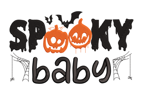 Spooky baby halloween embroidery, drip letters with orange pumpkin O faces, bats, webs and rounded baby text below, 5 sizes.