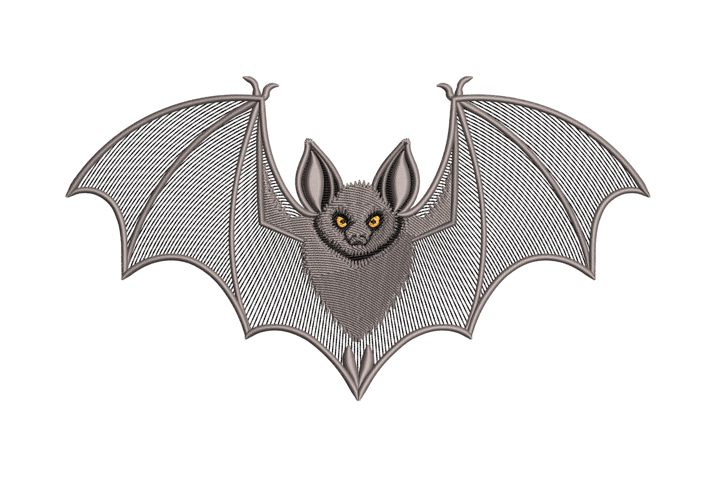 Spooky black bat embroidery with wings spread wide pointed ears small fangs and tiny red eyes