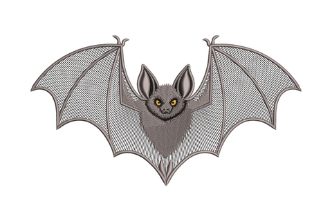 Spooky black bat embroidery with wings spread wide pointed ears small fangs and tiny red eyes